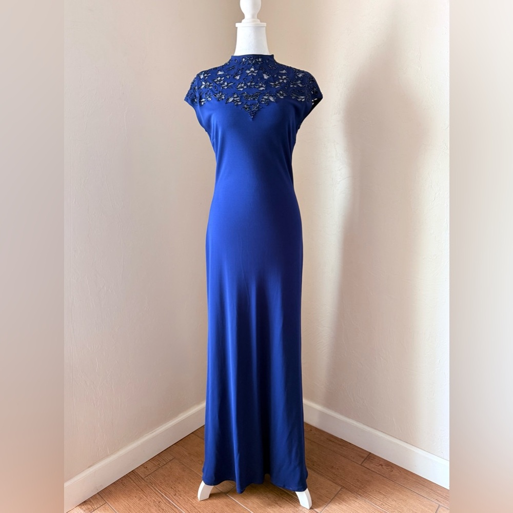 Vintage 1990s - Y2K Rimini by Shaw Beaded Blue Evening Cap Sleeve Maxi Dress 8